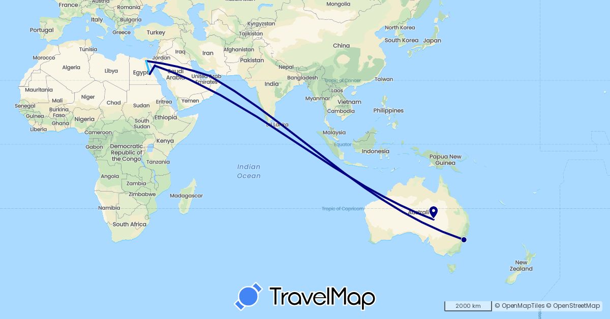 TravelMap itinerary: driving, boat in United Arab Emirates, Australia, Egypt (Africa, Asia, Oceania)